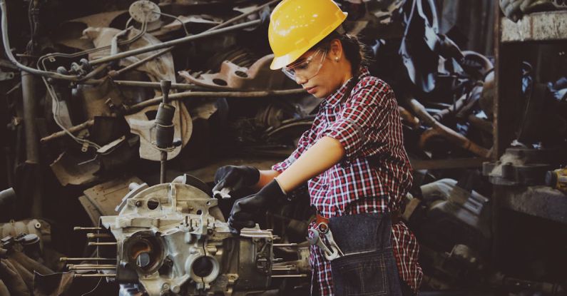 Backsplash Maintenance - Woman Wears Yellow Hard Hat Holding Vehicle Part