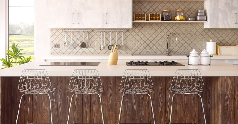 Backsplashes - Four Gray Bar Stools in Front of Kitchen Countertop