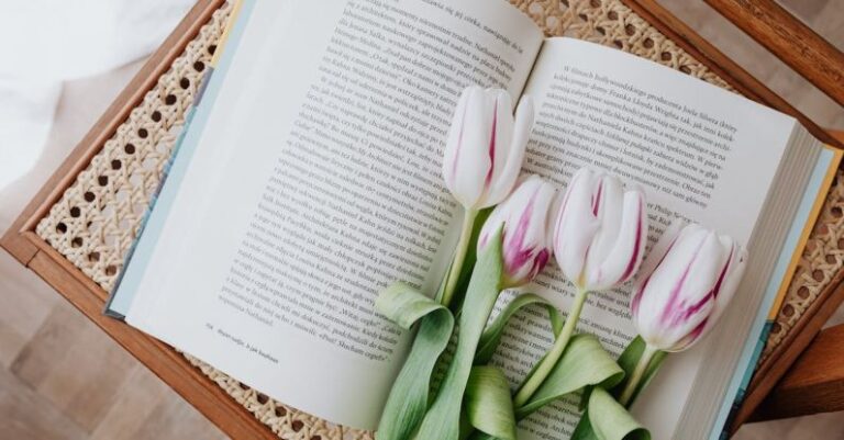 Open Shelves - Composition of fresh romantic flowers on open book arranged on vintage wicker table at home